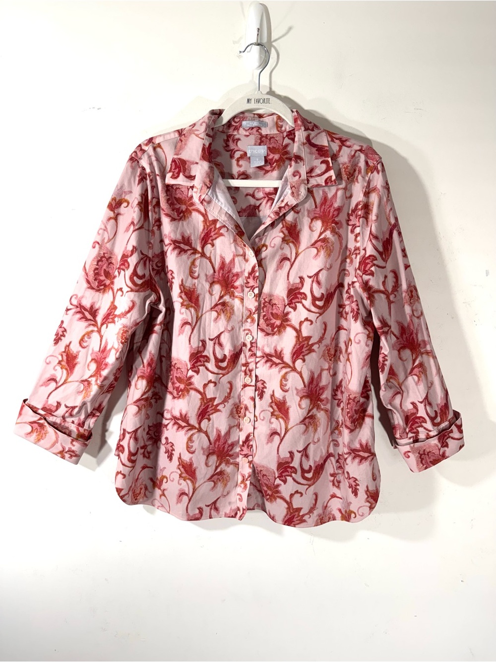 Chico’s No Iron Shirt 3/4 Sleeve Stretch Pink Floral Top SZ XL
